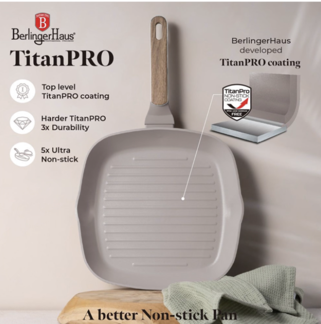 Berlinger Haus 3pc Titan Pro NonStick Frypan & Grillpan Set - Taupe Nordic - Image 7