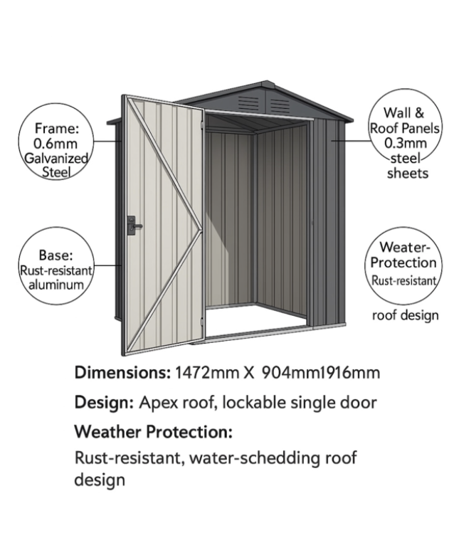 Outdoor Storage Shed - Weather-Resistant Storage - 1472mmx904mm × 1916mm - Image 4