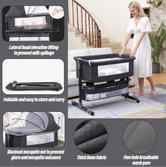 Foldable Newborn Baby Portable Bassinet Baby Cot Bed/Crib- 92×68x85cm-Grey - Grey - Image 4