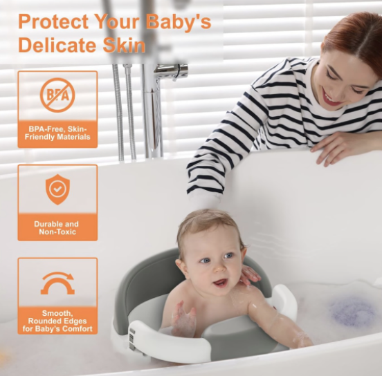 32cm Baby Bath Seat with Opening Armrest and Suction Cups - Grey - Image 5