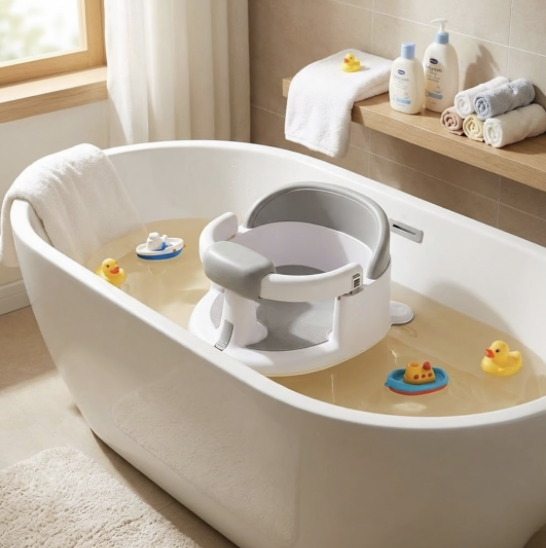 32cm Baby Bath Seat with Opening Armrest and Suction Cups - Grey - Image 6