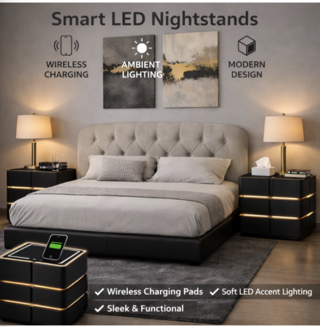 Ziyane LumiStack Twin Set- Smart Pedestals, Wireless Charging & LED Accents - Black - Image 2