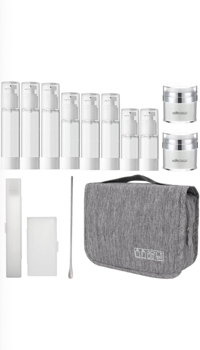 Heartdeco Airless Vacuum Travel Bottles & Toiletry Bag Set