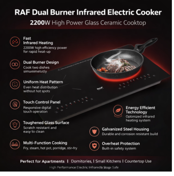 RAF 2200W Dual Burner Infrared Electric Glass Ceramic Cooker Stovetop - Image 4