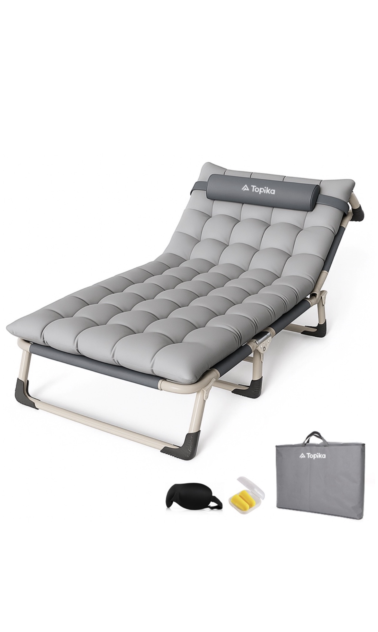 Topika - 190x75cm Super Size Folding Bed With Pearl Cotton Mat 3 Accessorie - Pearl cotton grey