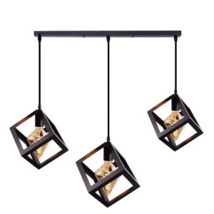 Three Lights Linear Cluster Black Geometric Cube Pendant Lamp